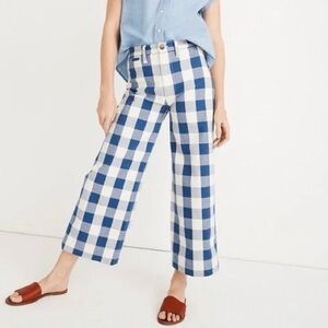 MADEWELL Pants Women's 23 Blue White Gingham The Emmett Wide-Leg Crop Summer
